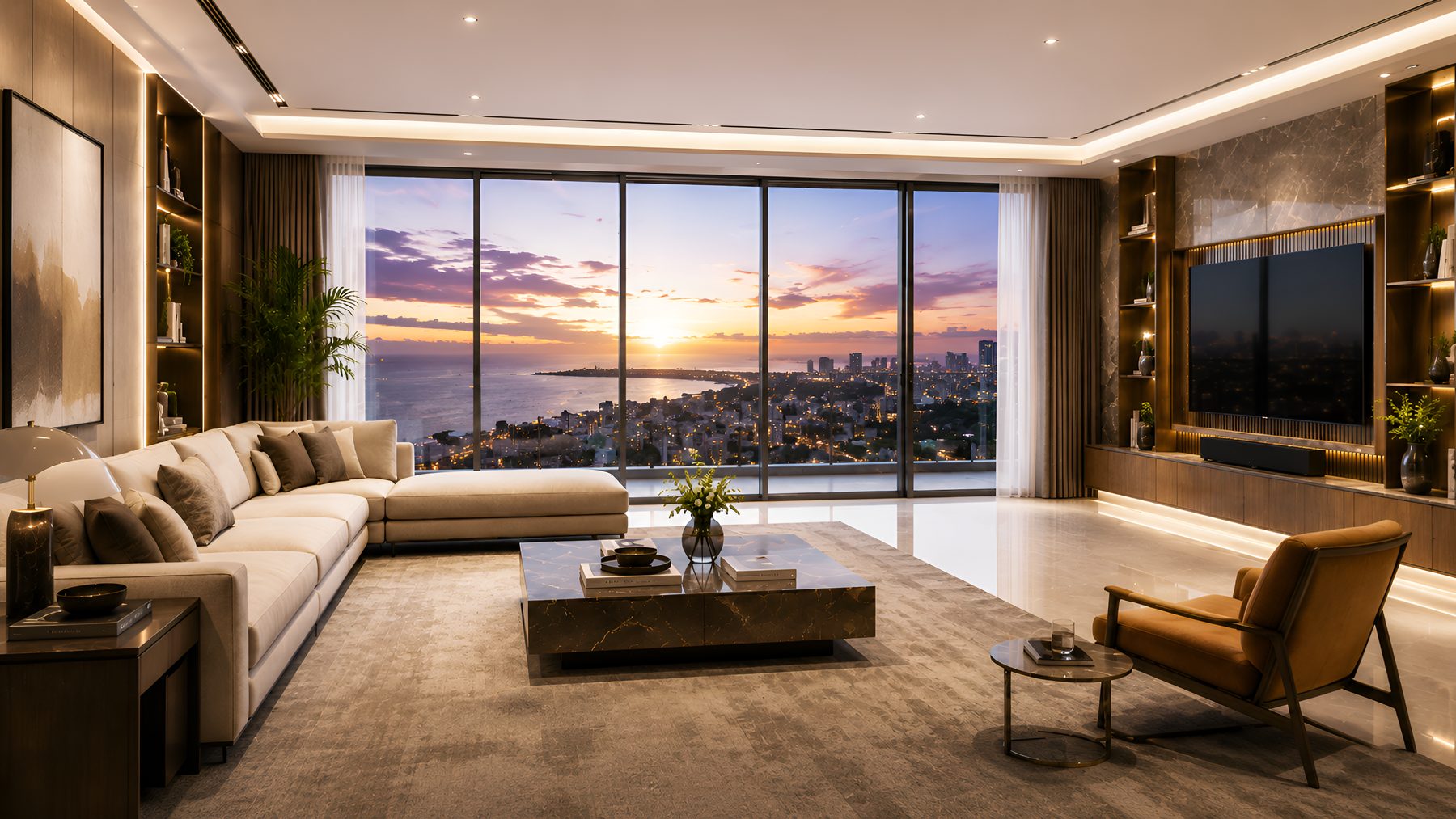 Living room of the 3 BHK deck residence opening onto the sundeck