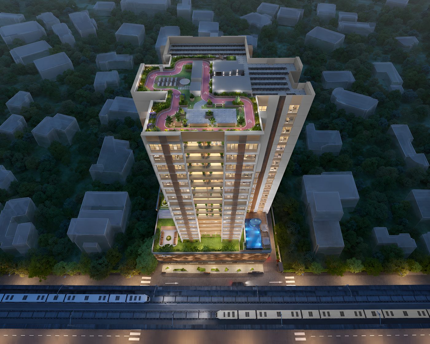 Aerial view of the Naman Fifty Eight tower and its surroundings