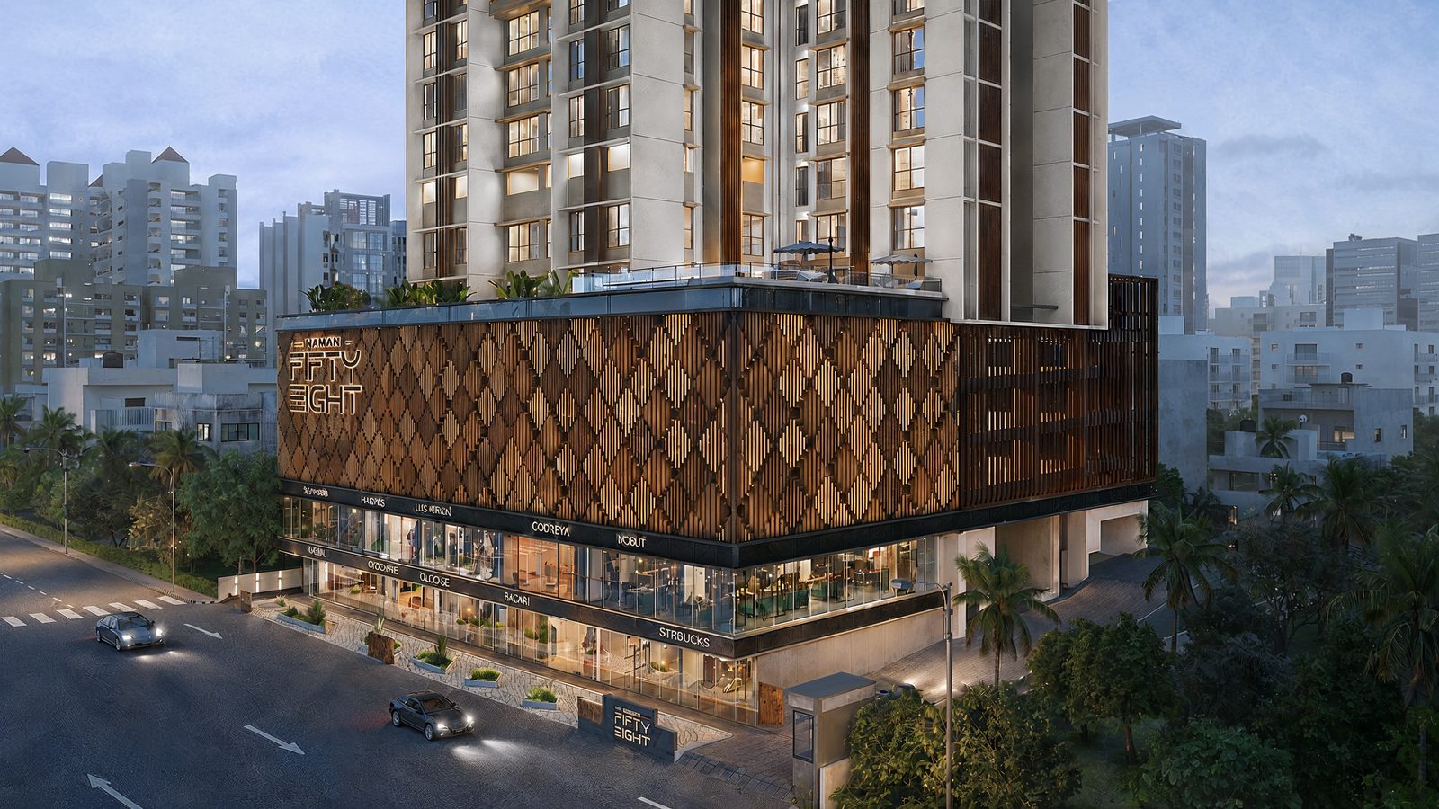 Naman Fifty Eight tower facade and podium